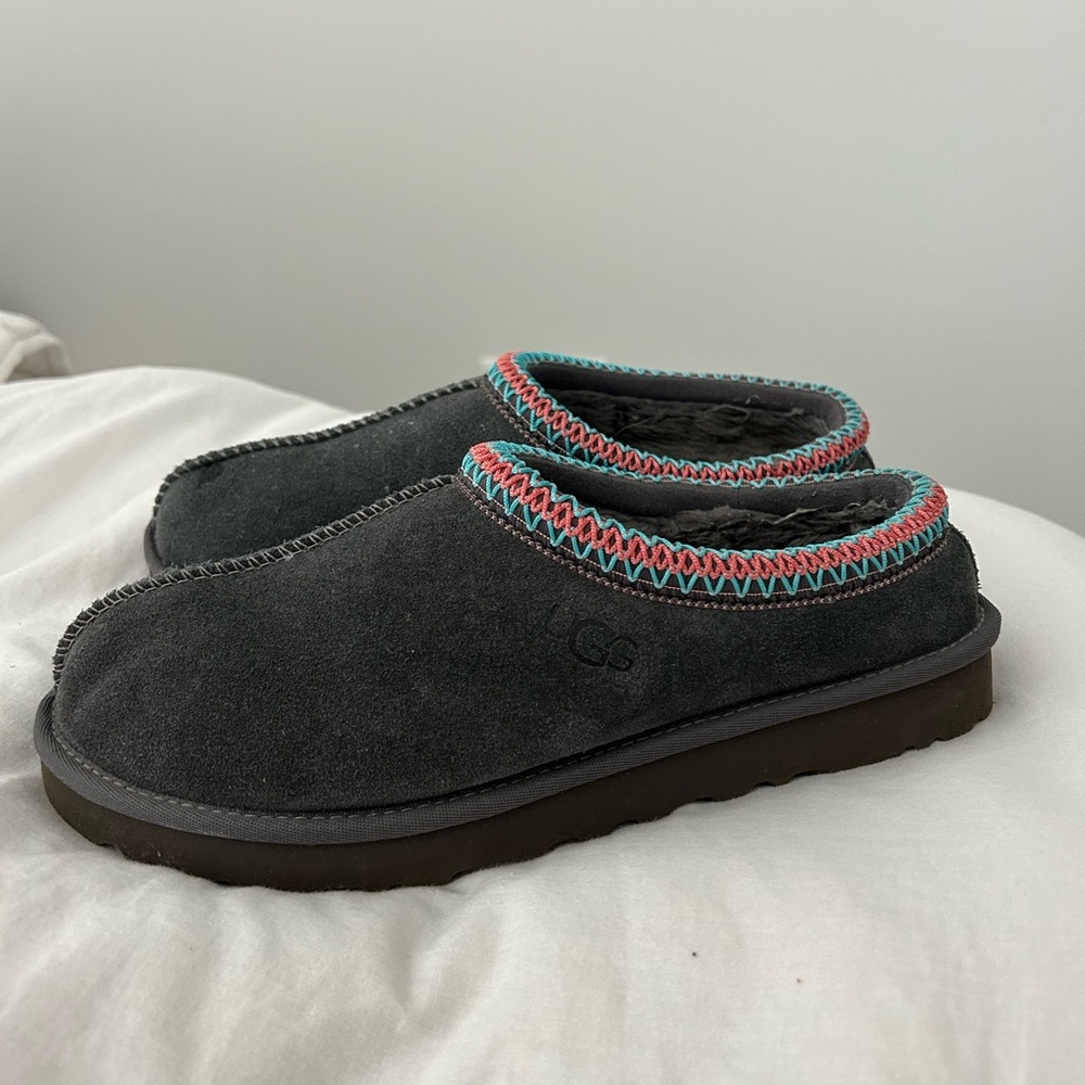 UGG Black Slippers with Blue and Red Trim